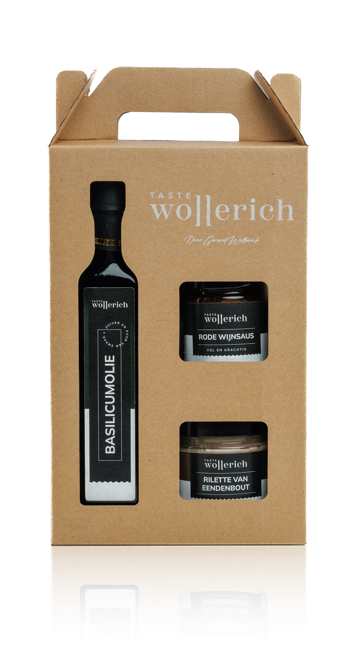 Basilicumolie, rode wijnsaus en rilette van eendenbout