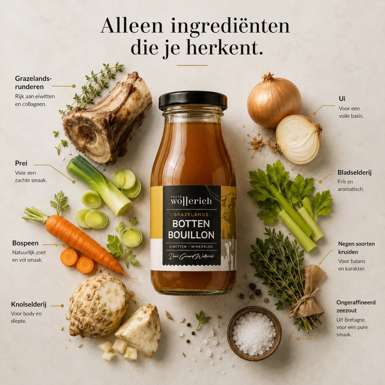 Bottenbouillon met bot, groenten, kruiden en zeezout
